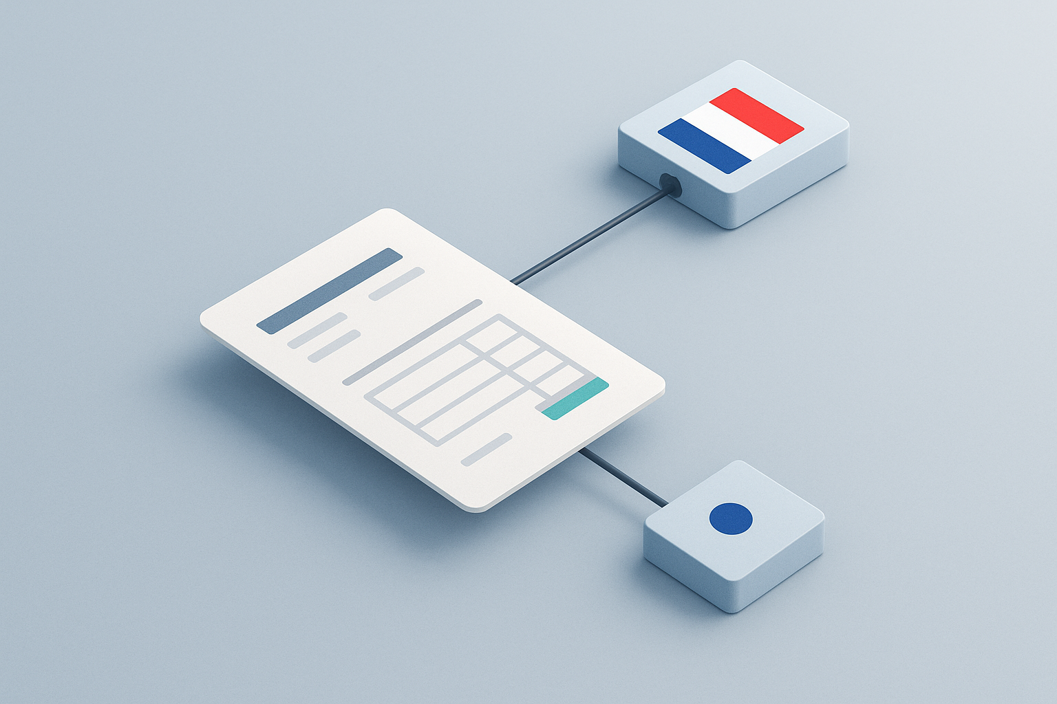 Isometric 3D graphic of a digital invoice connected to a node with the French flag, representing electronic invoicing.
