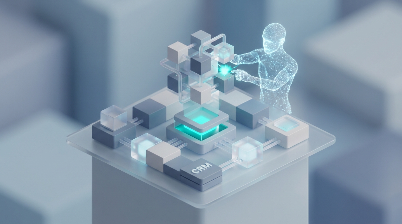 Illustration isométrique d’une IA opérant dans un CRM headless, avec des données et des processus reliés en temps réel.