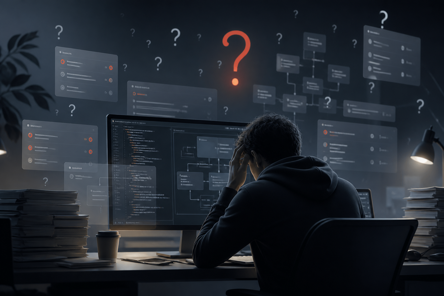 Developer at computer screen surrounded by support tickets and question marks, looking stressed while working on CRM code.