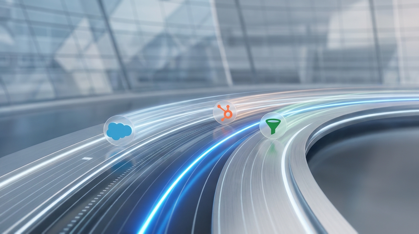 Illustration de logos Salesforce, HubSpot et Pipedrive distincts, en course sur une piste de stade CRM.