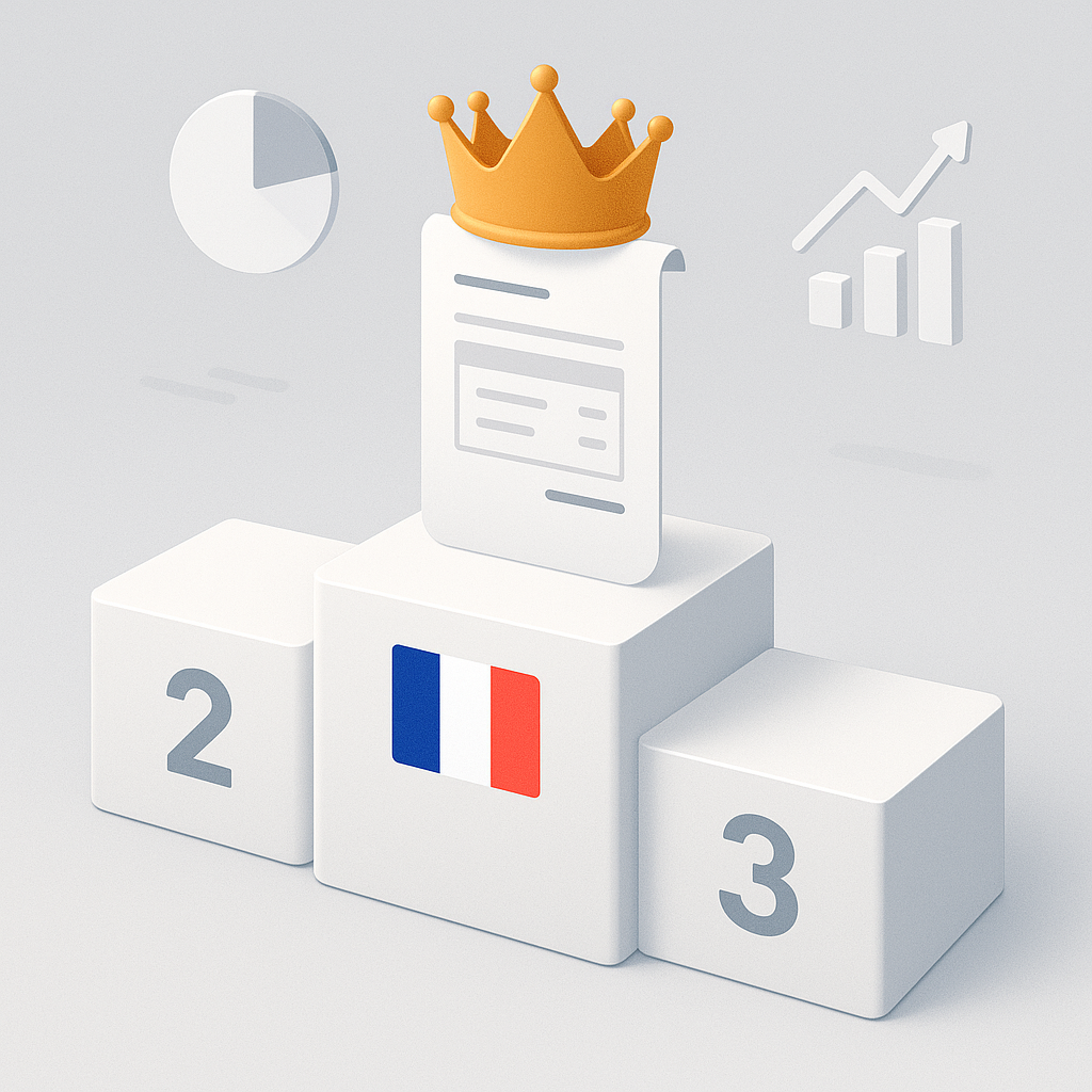 Illustration 3D isométrique d'un podium. Une facture couronnée trône sur la première marche ornée du drapeau français.