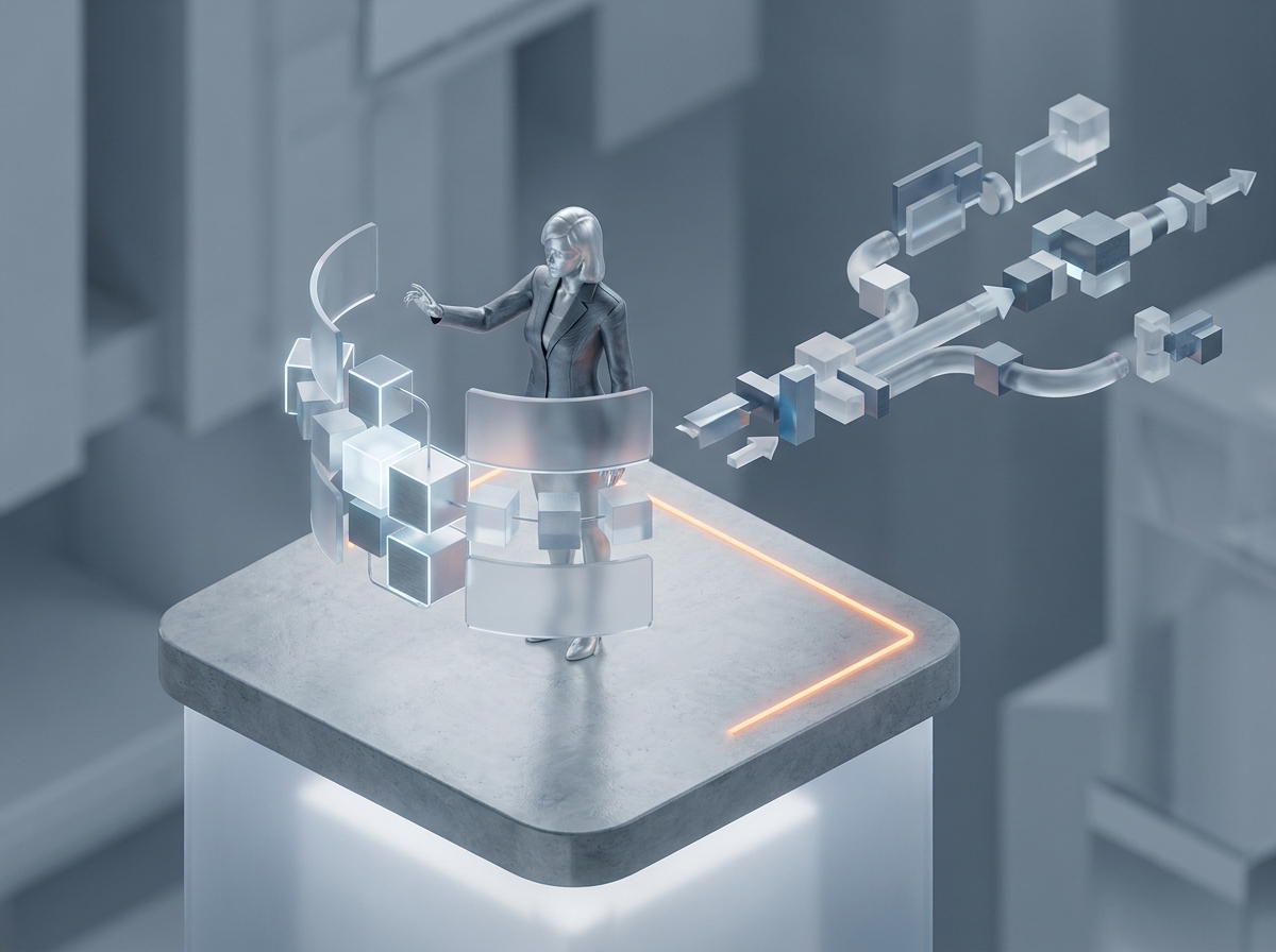Illustration isométrique 3D d’une femme pilotant par chat un ordinateur pour gérer son pipeline commercial avec OSTRATA.